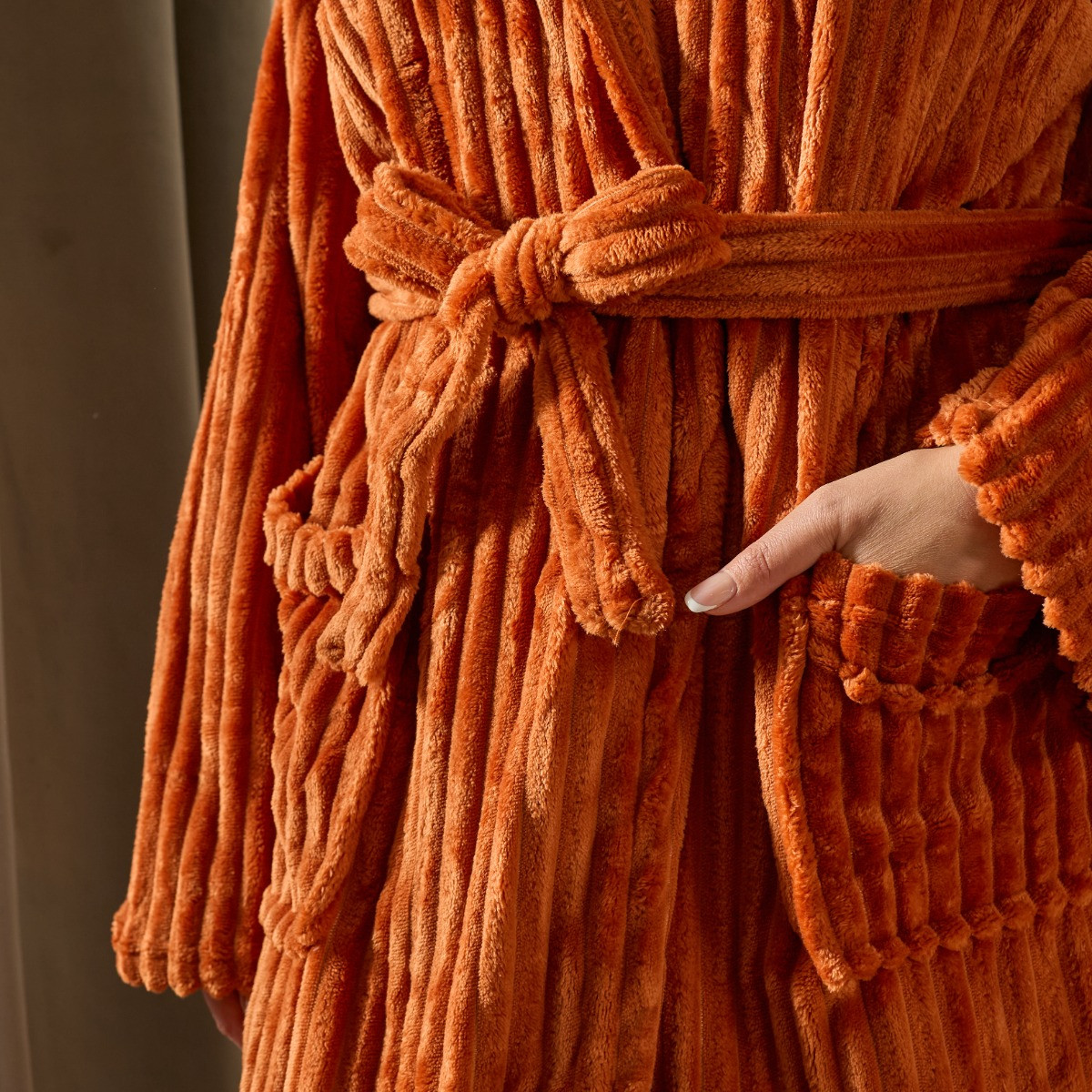 OHS Ribbed Fleece Dressing Gown - Rust>
