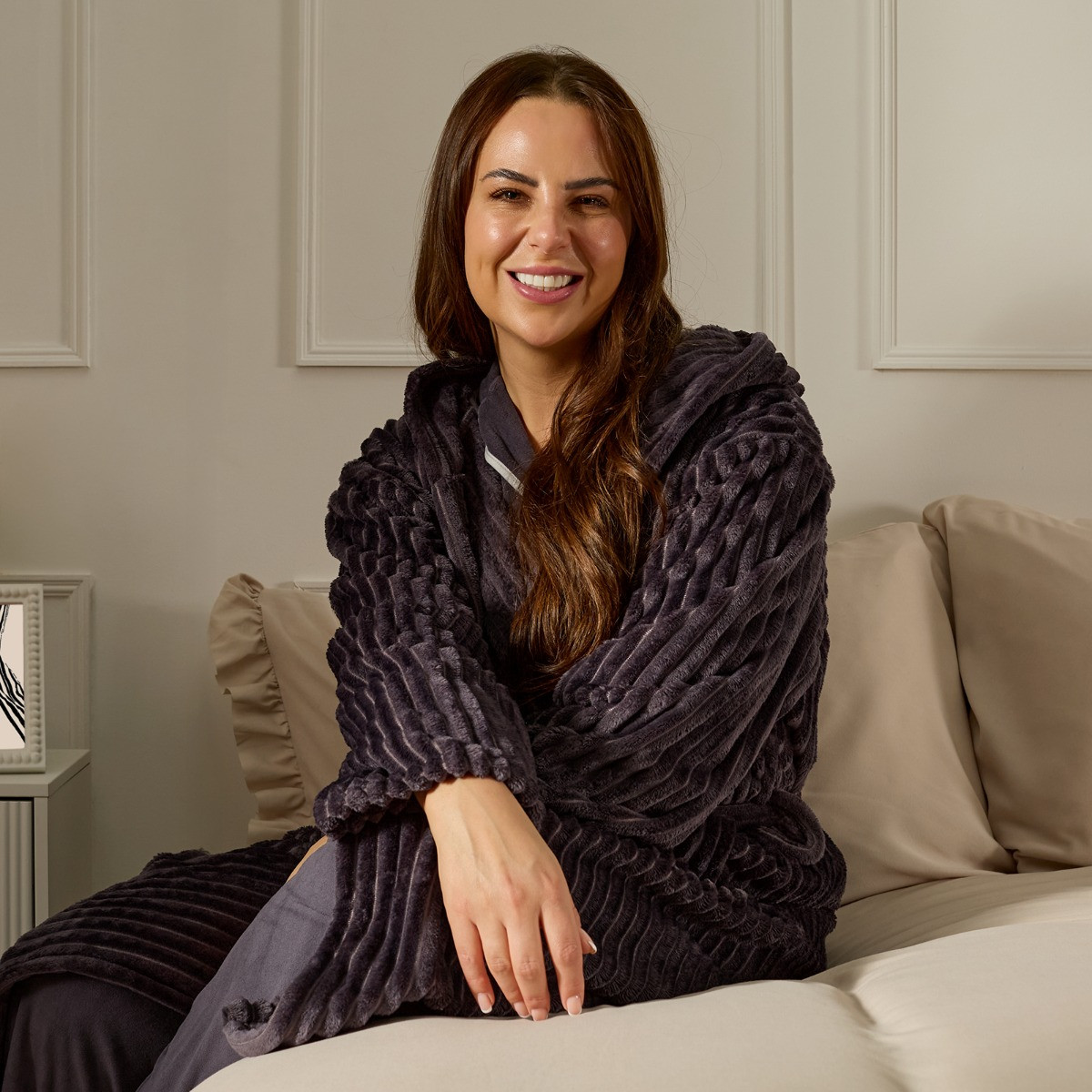 OHS Ribbed Fleece Dressing Gown - Charcoal>