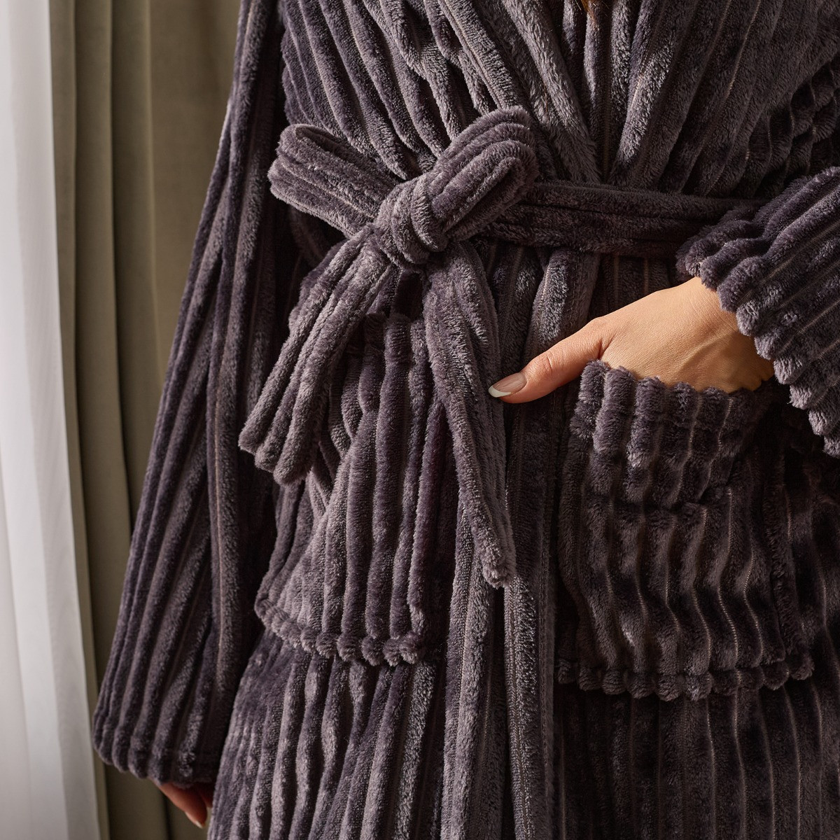 OHS Ribbed Fleece Dressing Gown - Charcoal>