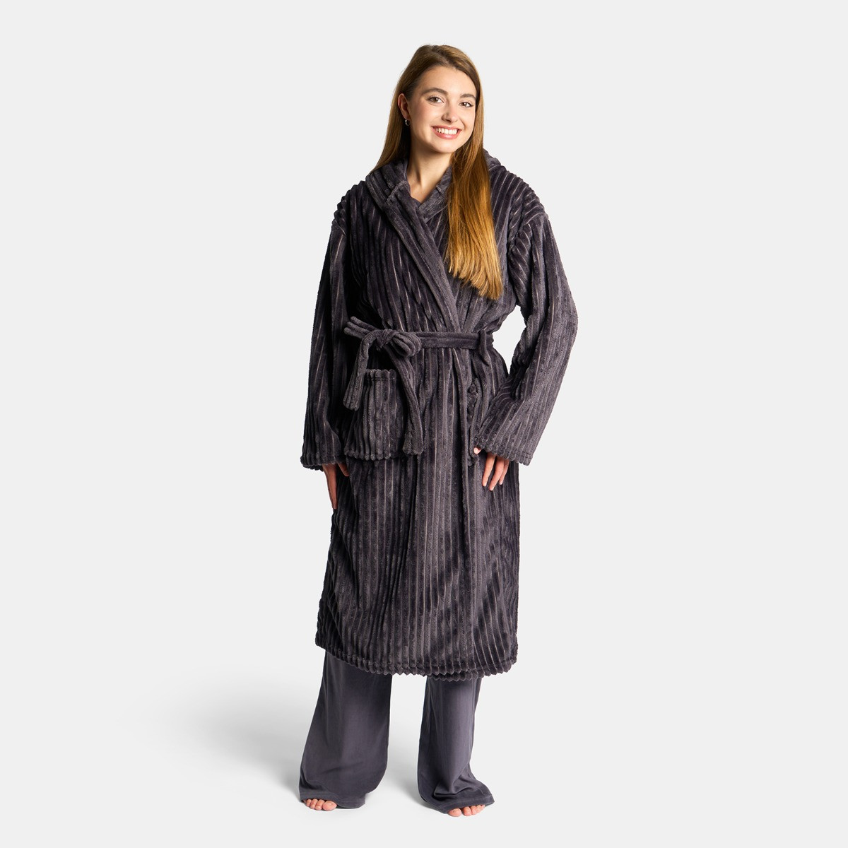 OHS Ribbed Fleece Dressing Gown - Charcoal>