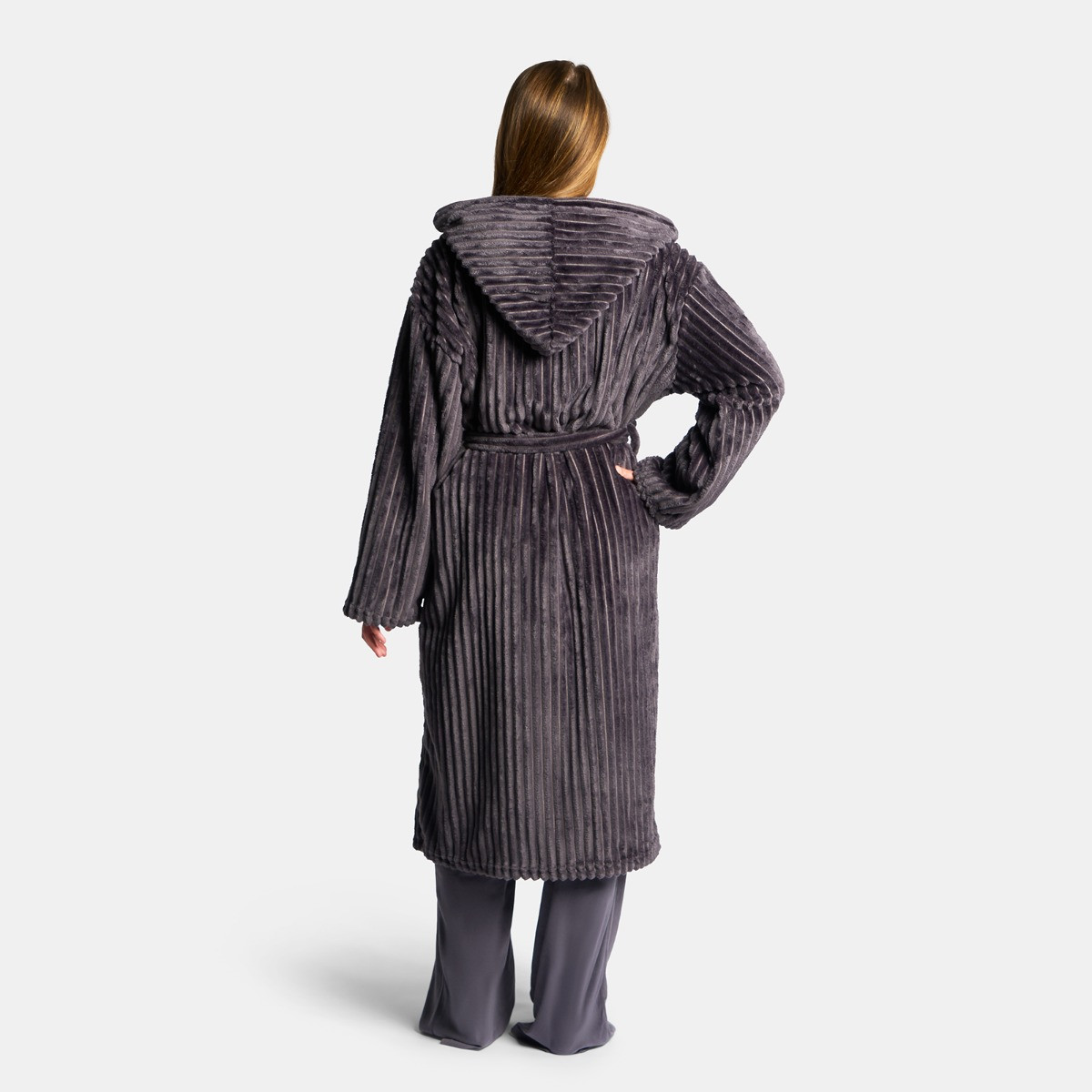 OHS Ribbed Fleece Dressing Gown - Charcoal>