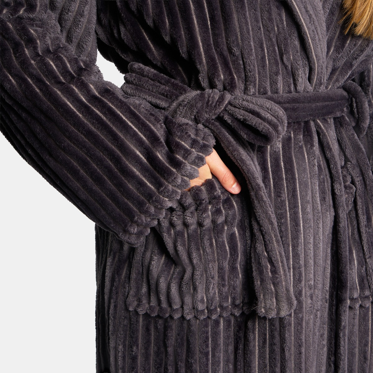 OHS Ribbed Fleece Dressing Gown - Charcoal>