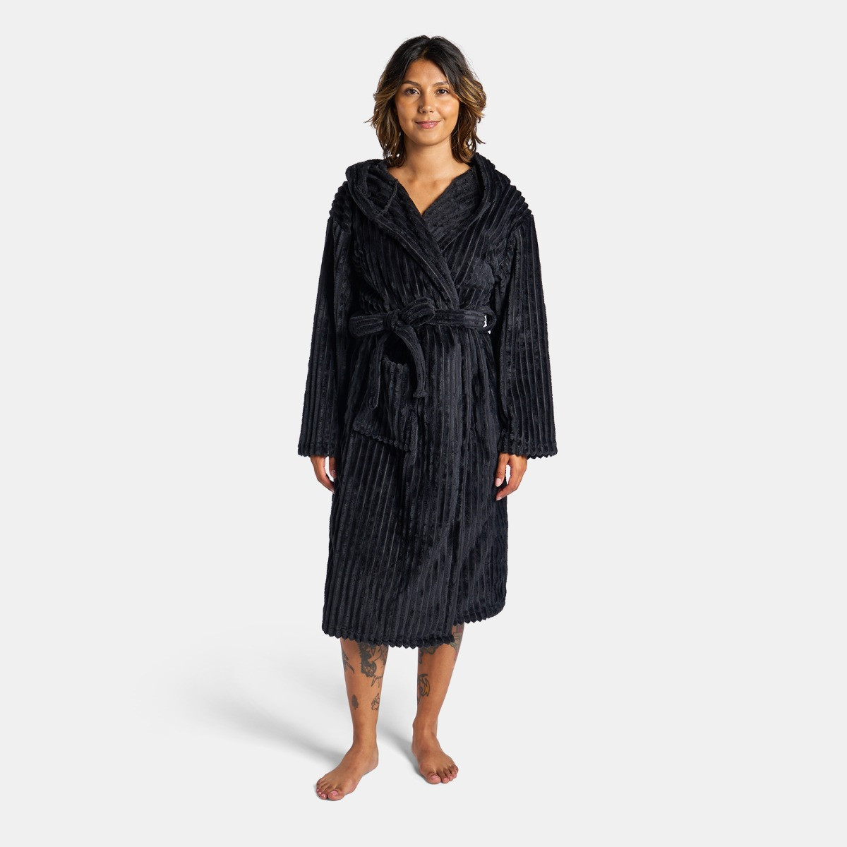 OHS Ribbed Fleece Dressing Gown - Black>