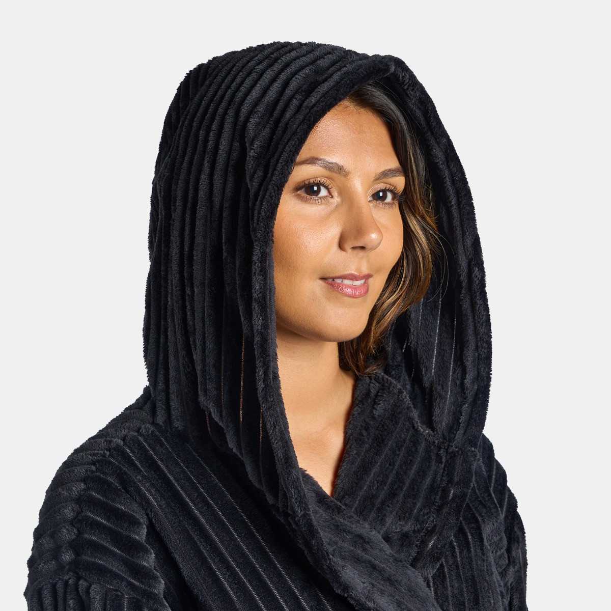 OHS Ribbed Fleece Dressing Gown - Black>