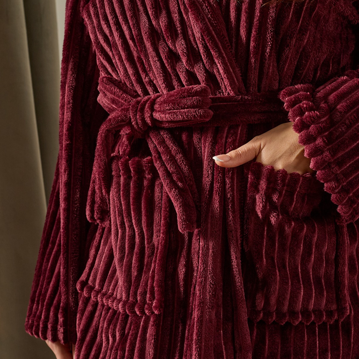 OHS Ribbed Fleece Dressing Gown - Maroon>