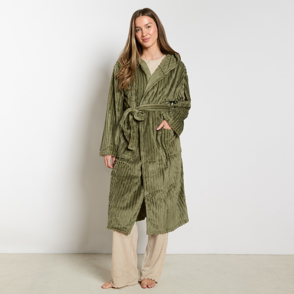 OHS Ribbed Fleece Dressing Gown - Olive Green>