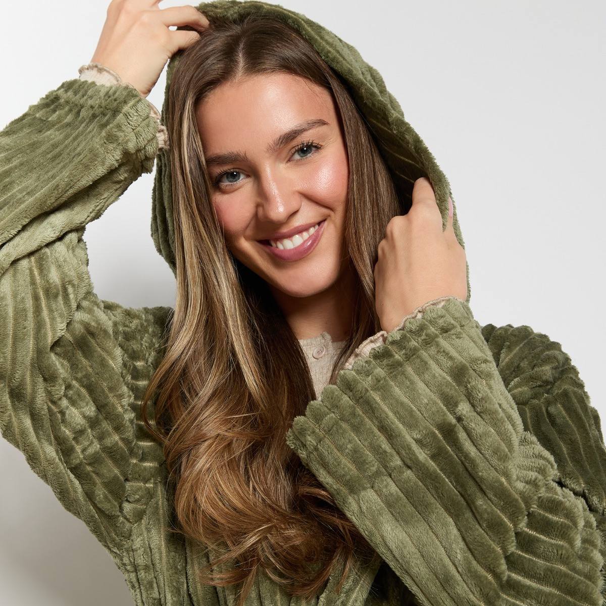 OHS Ribbed Fleece Dressing Gown - Olive Green>
