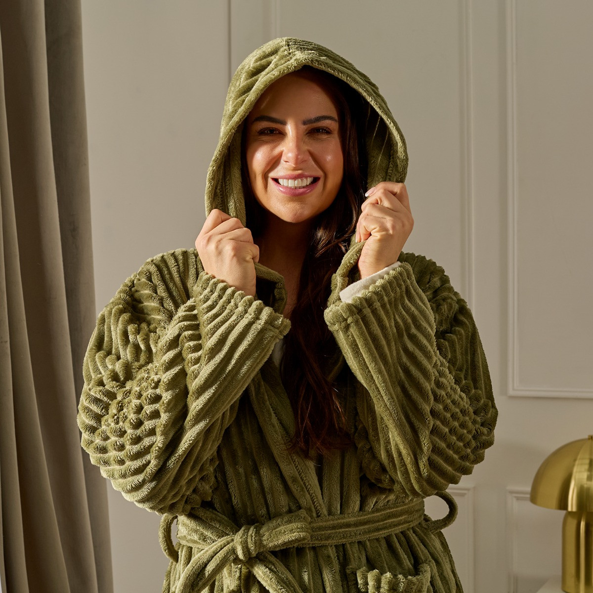 OHS Ribbed Fleece Dressing Gown - Olive Green>