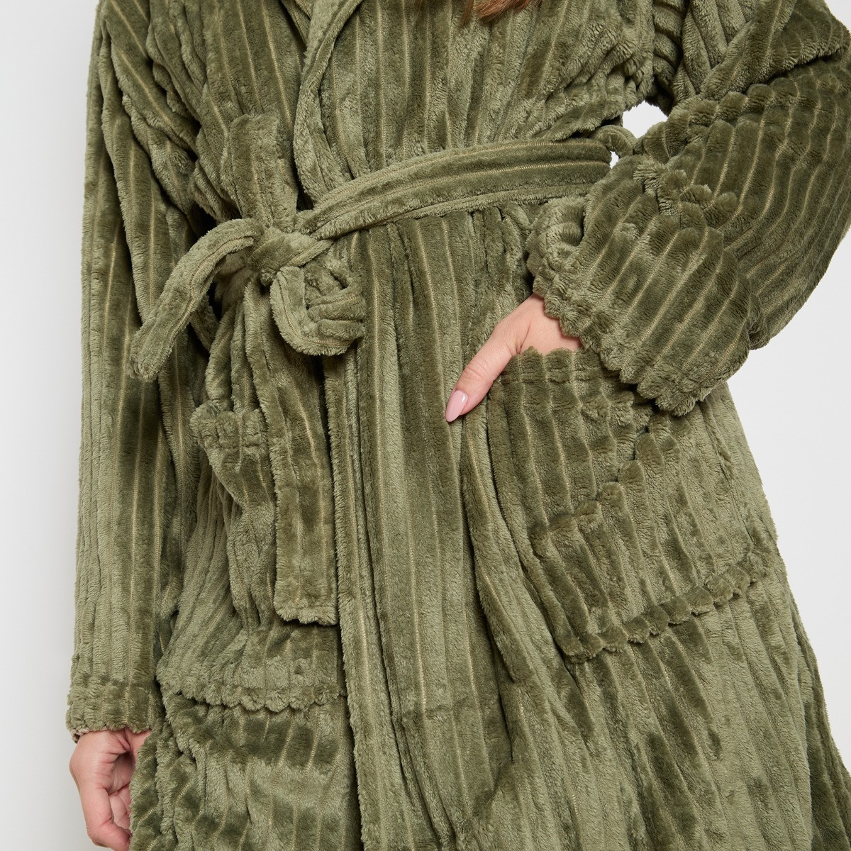 OHS Ribbed Fleece Dressing Gown - Olive Green>