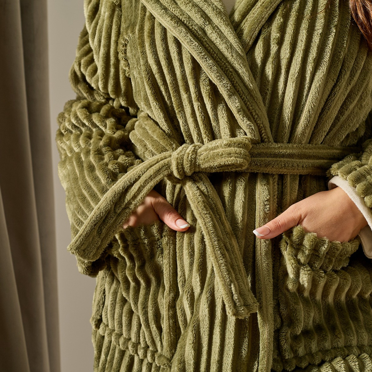 OHS Ribbed Fleece Dressing Gown - Olive Green>