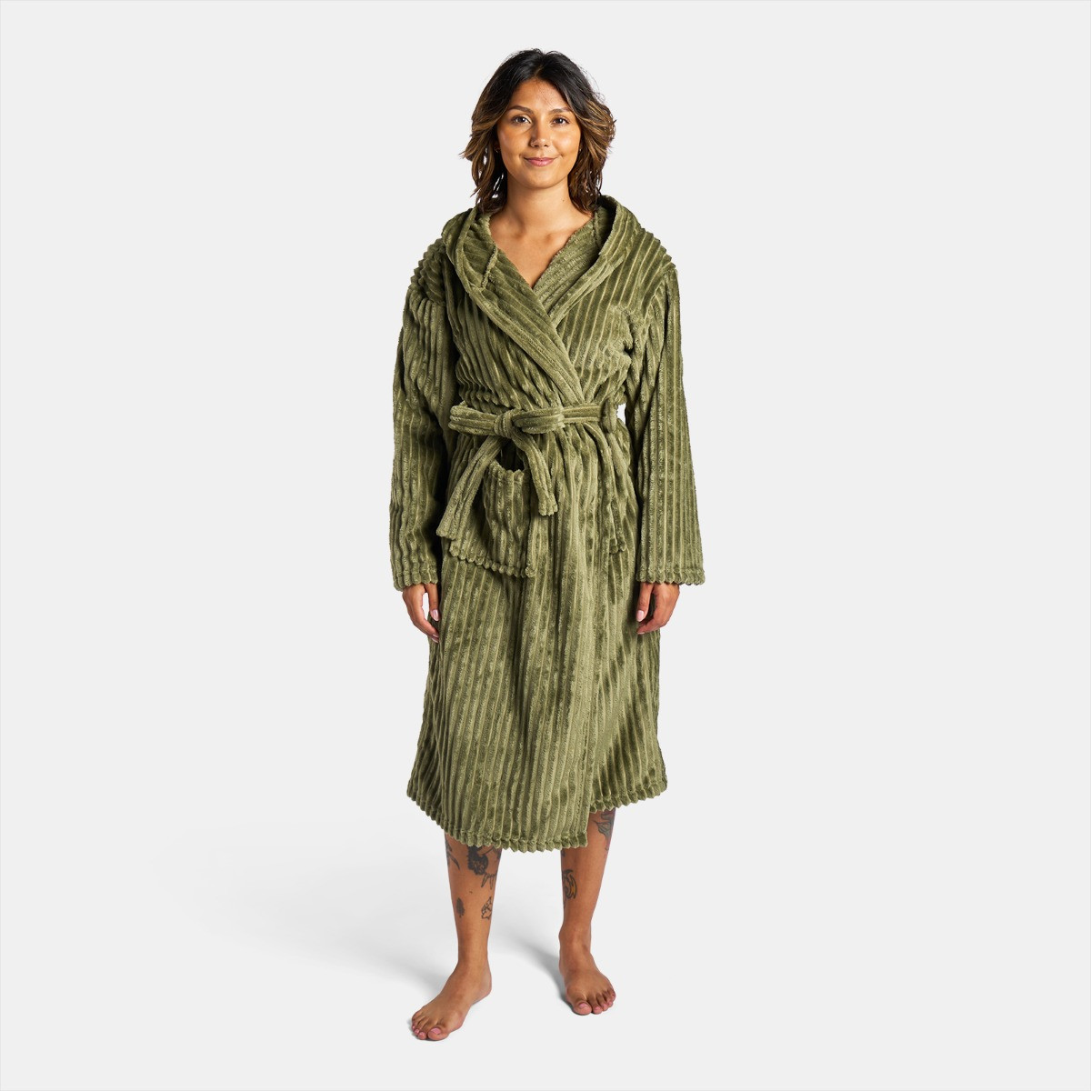 OHS Ribbed Fleece Dressing Gown - Olive Green>