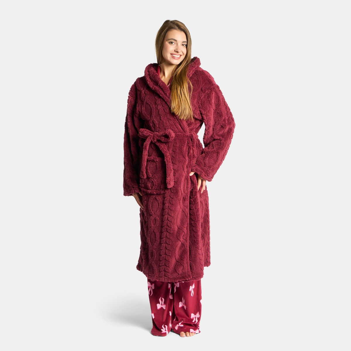 OHS Cable Knit Dressing Gown - Burgundy>