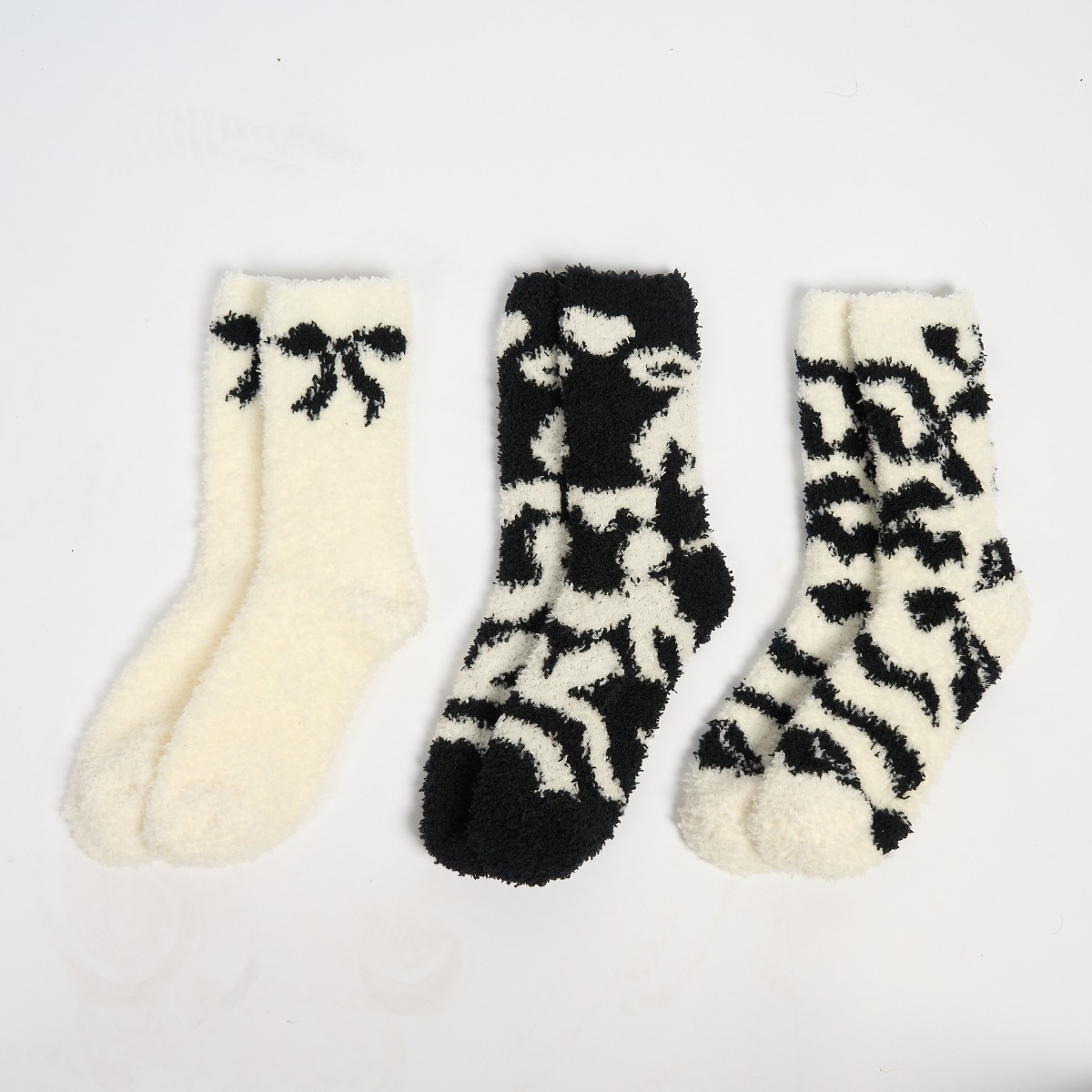 OHS Bows Fluffy Fleece Socks, Monochrome - 3 Pack>