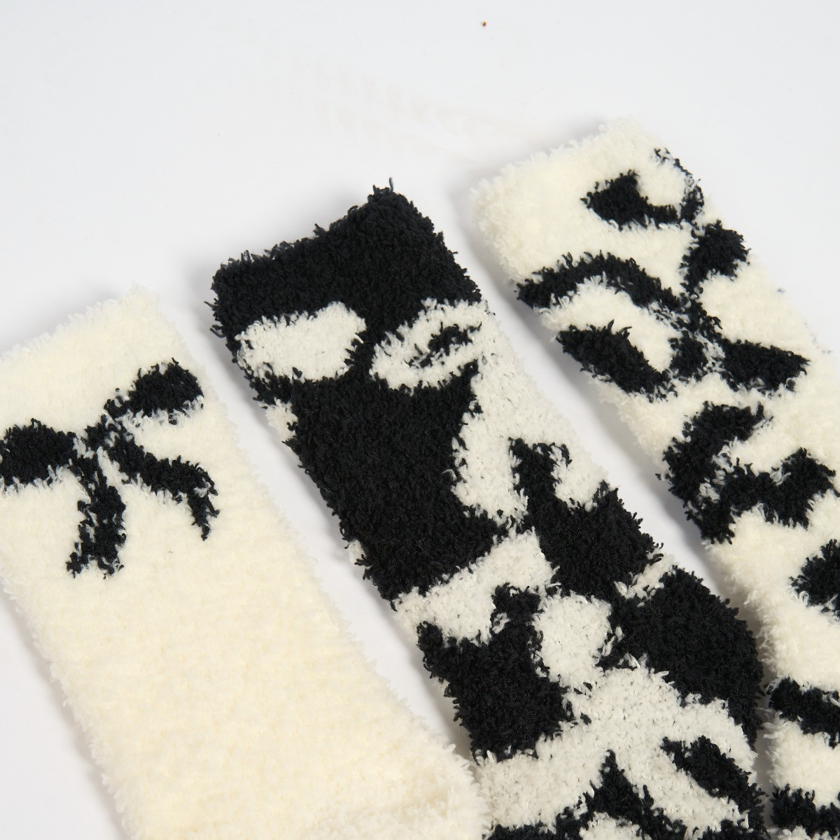OHS Bows Fluffy Fleece Socks, Monochrome - 3 Pack>