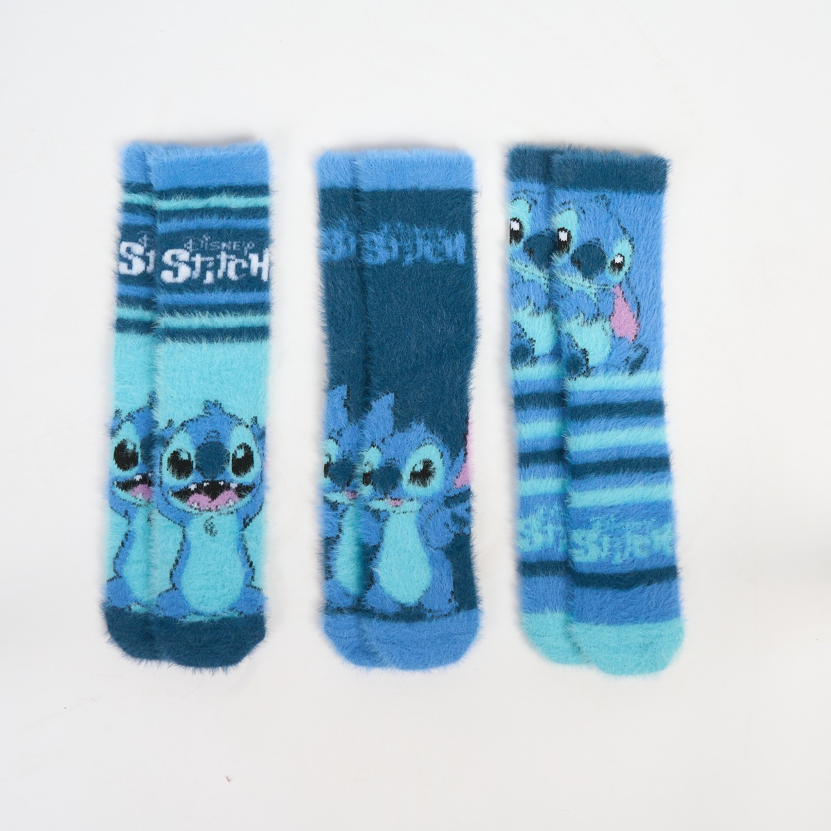 OHS Stitch Fluffy Socks, Blue - 3 Pack>