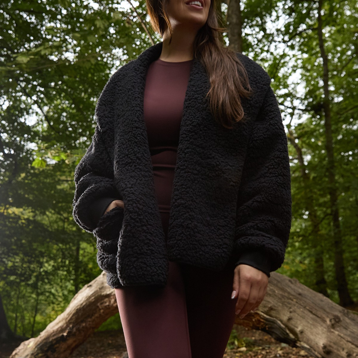 OHS Waterfall Teddy Fleece Shorter Length Cardigan - Black>