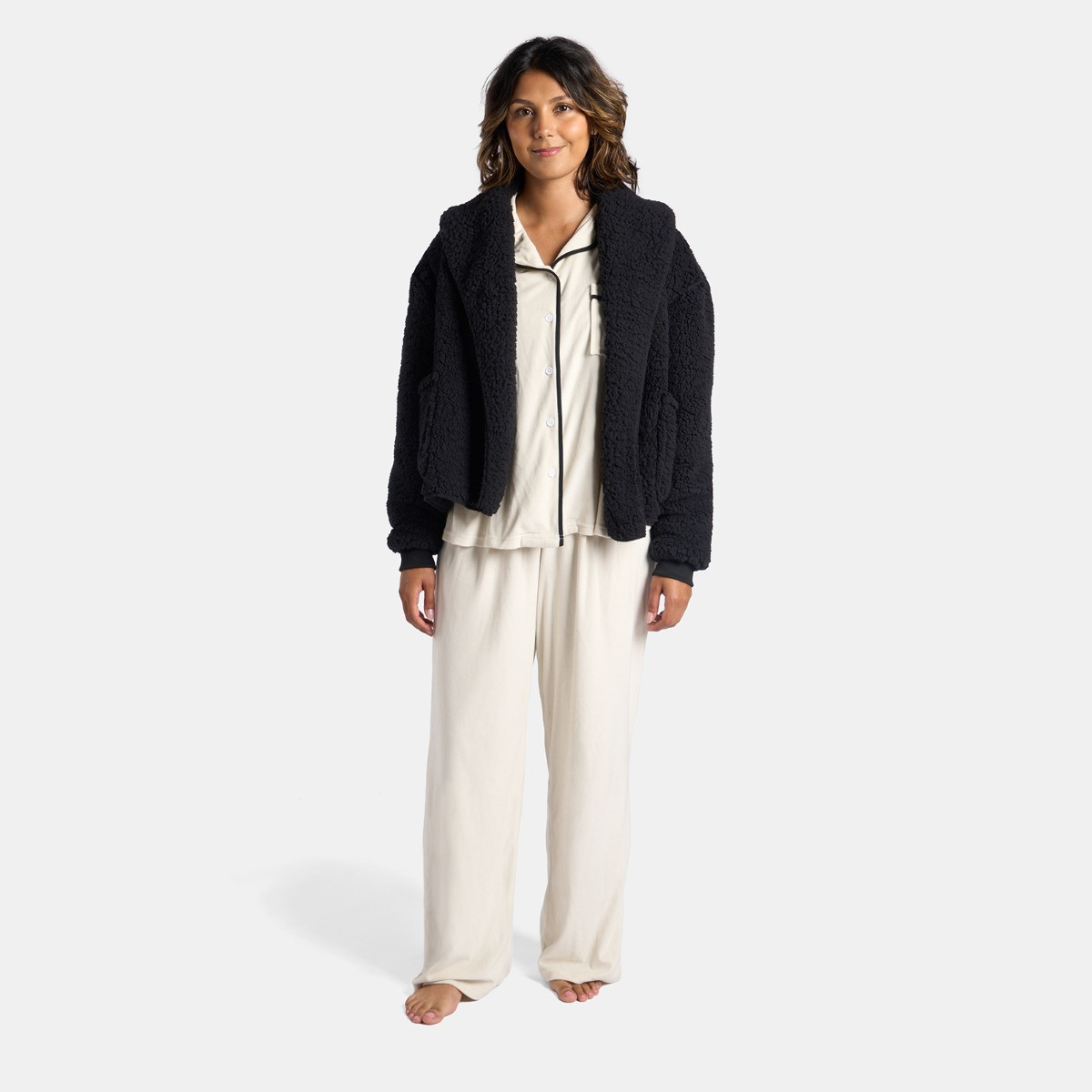 OHS Waterfall Teddy Fleece Shorter Length Cardigan - Black>