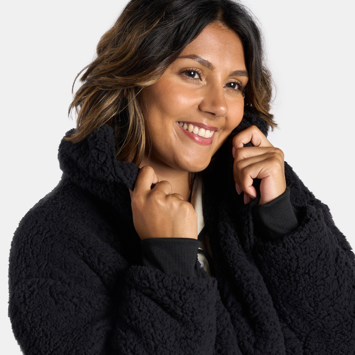 OHS Waterfall Teddy Fleece Shorter Length Cardigan - Black>