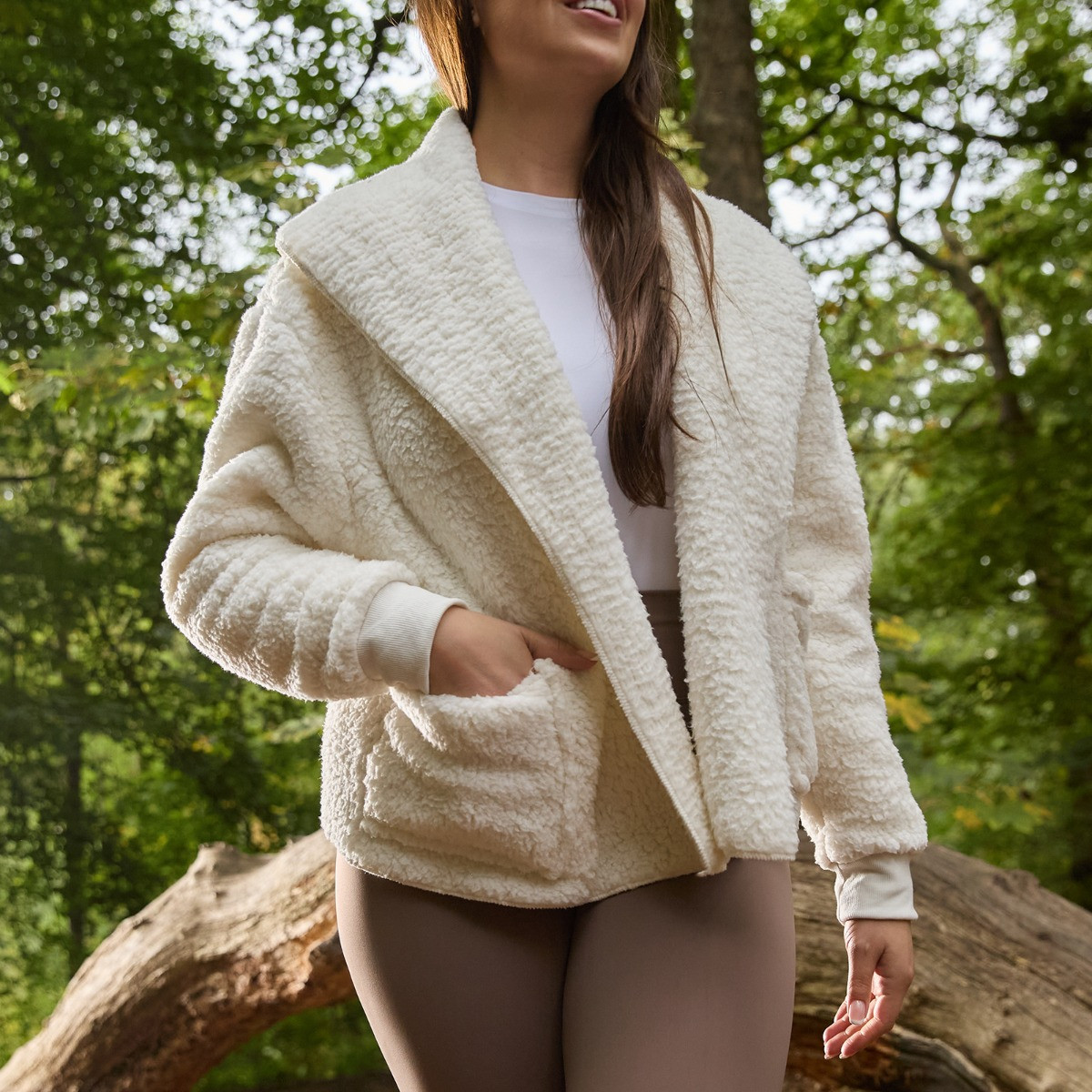 OHS Waterfall Teddy Fleece Shorter Length Cardigan - Cream>