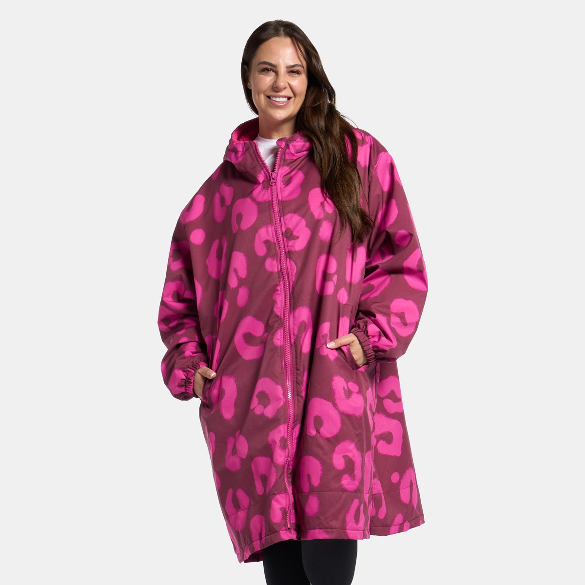 OHS Adults Water Resistant Leopard Print Sherpa Drying Robe, Burgundy/Pink - Small/Medium>