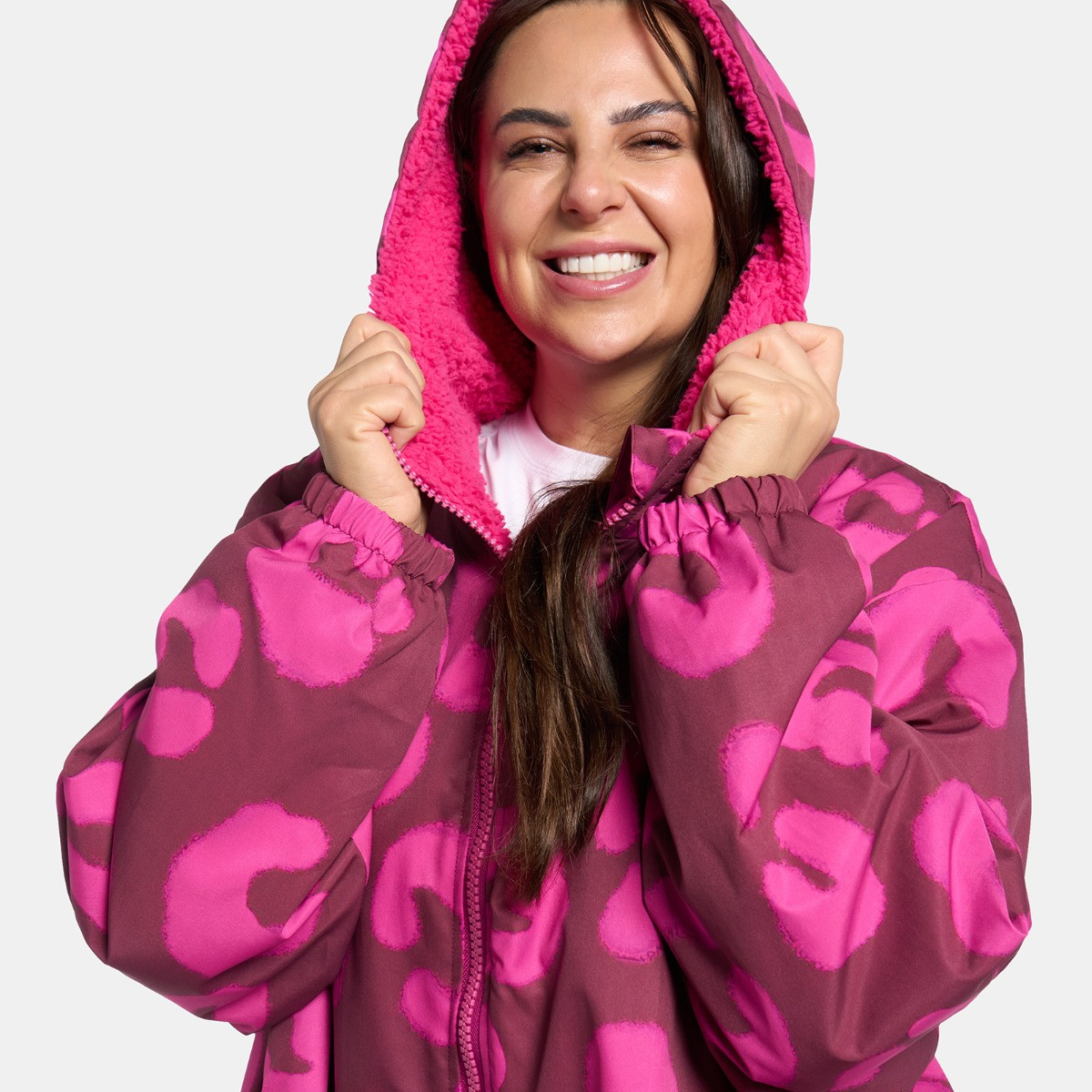 OHS Adults Water Resistant Leopard Print Sherpa Drying Robe, Burgundy/Pink - Large/Extra Large>