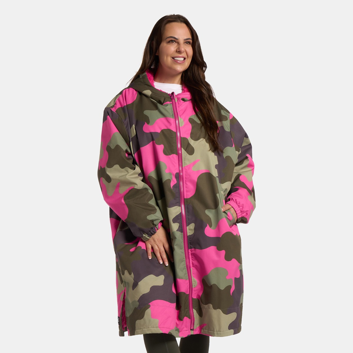 OHS Adults Water Resistant Camo Sherpa Drying Robe - Green/Pink>