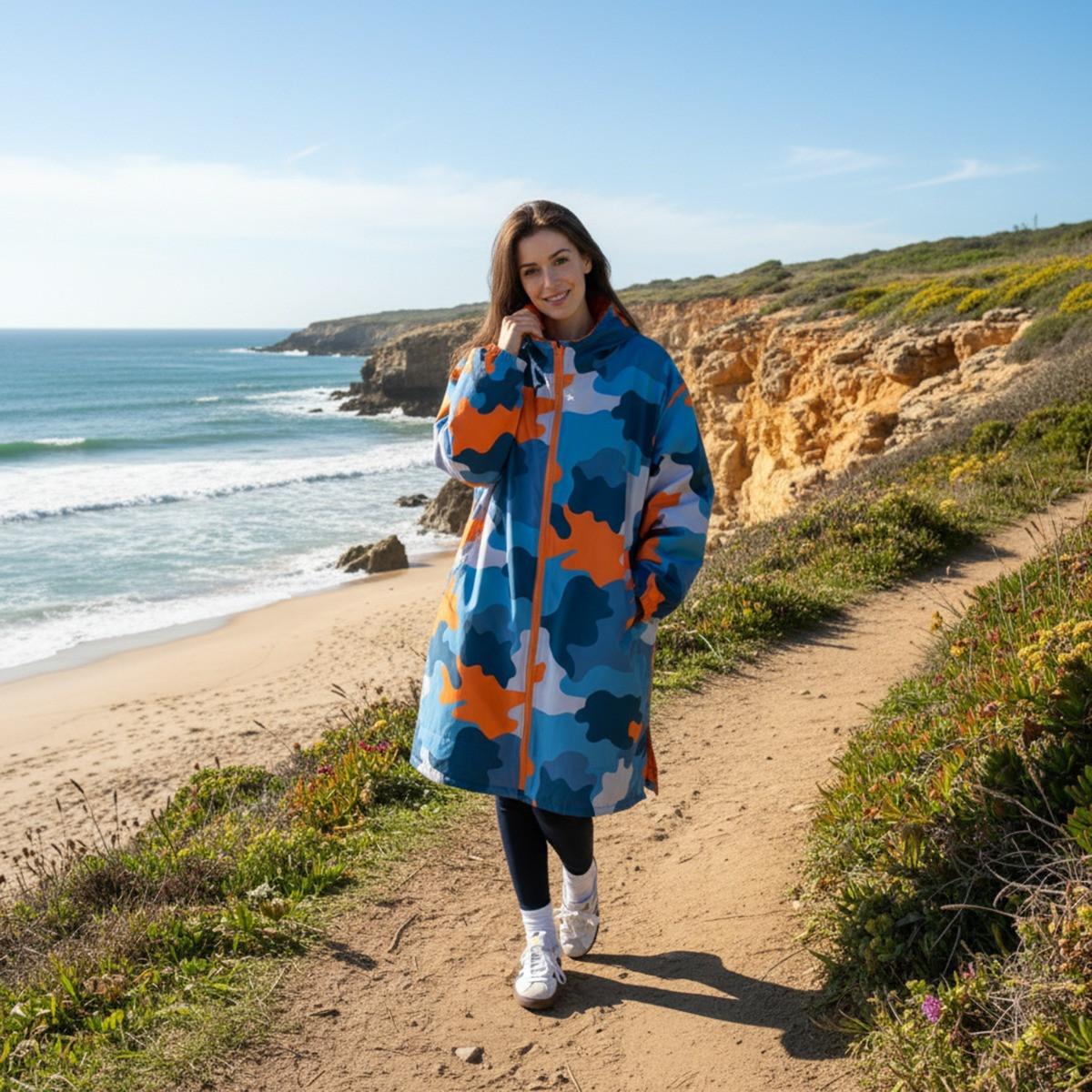 OHS Adults Water Resistant Camo Sherpa Drying Robe, Blue/Orange - Small/Medium>