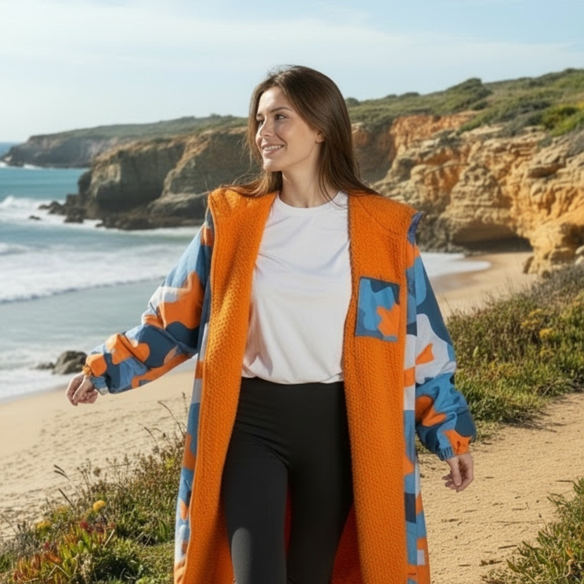 OHS Adults Water Resistant Camo Sherpa Drying Robe, Blue/Orange - Large/Extra Large>