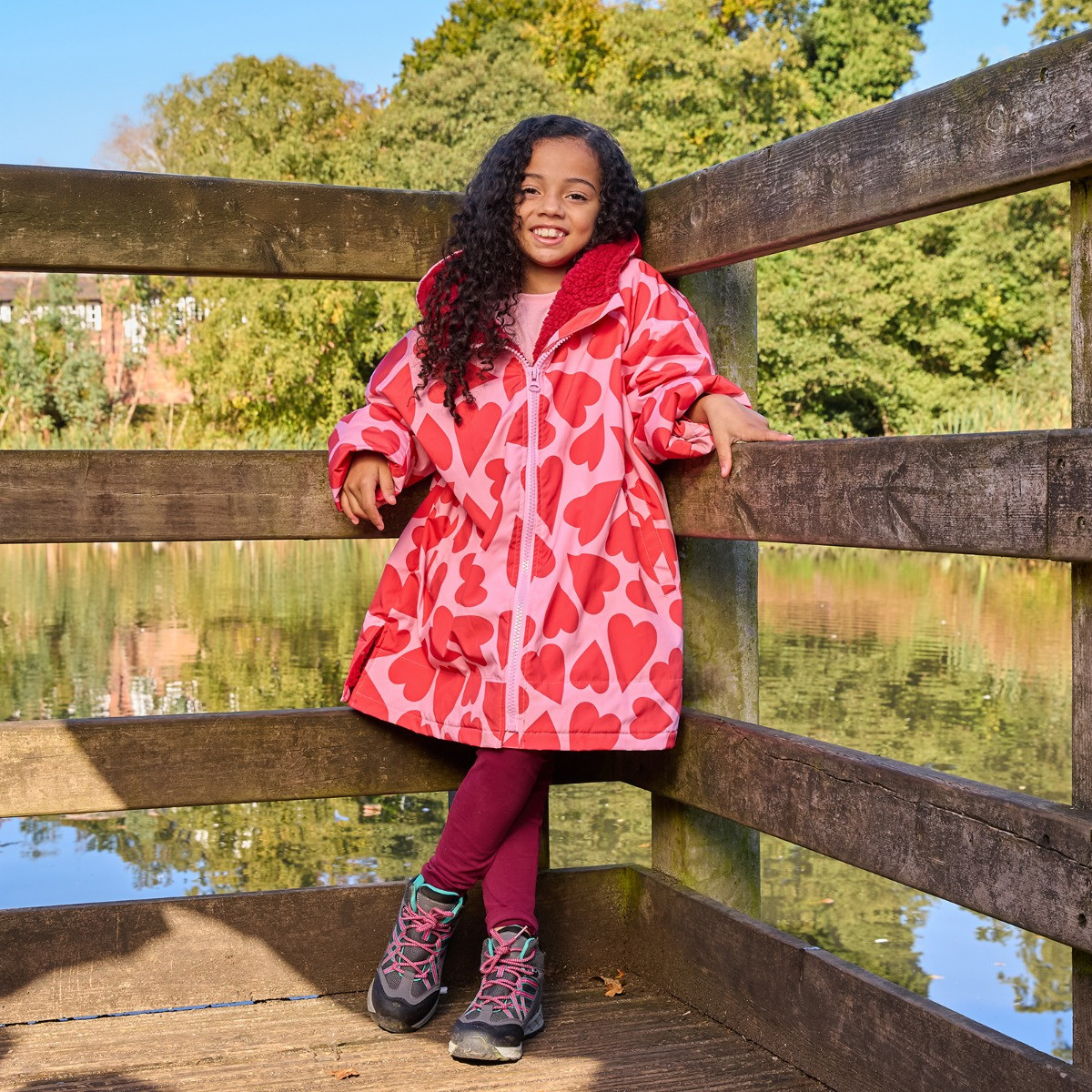 OHS Kids Water Resistant Heart Print Sherpa Drying Robe, Pink/Red - Large/Extra Large>