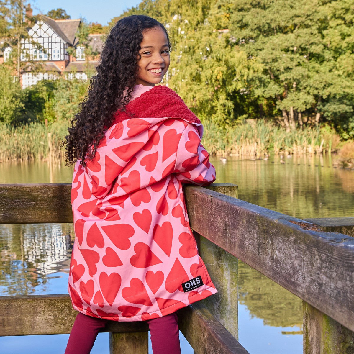 OHS Kids Water Resistant Heart Print Sherpa Drying Robe - Pink/Red>