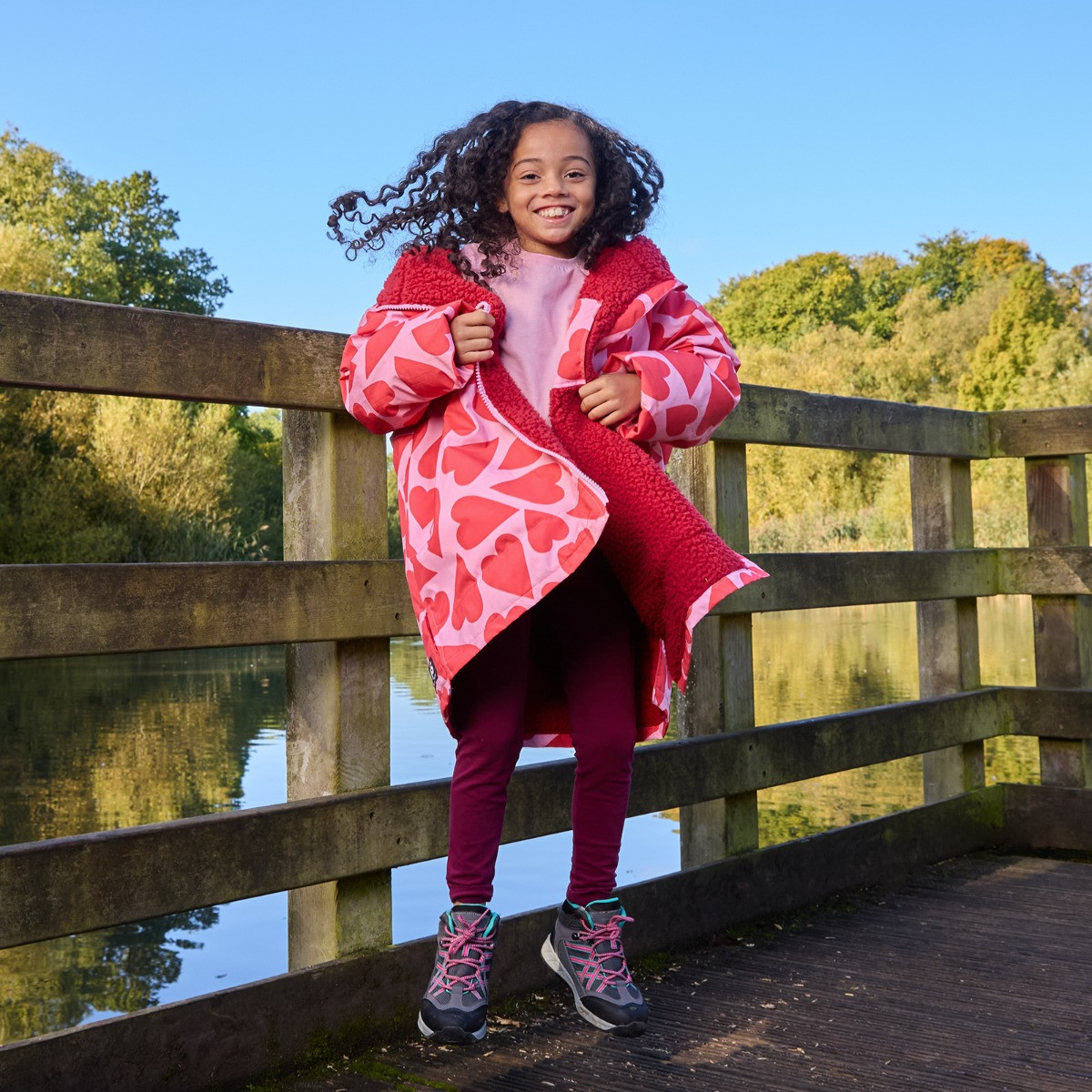 OHS Kids Water Resistant Heart Print Sherpa Drying Robe, Pink/Red - Large/Extra Large>