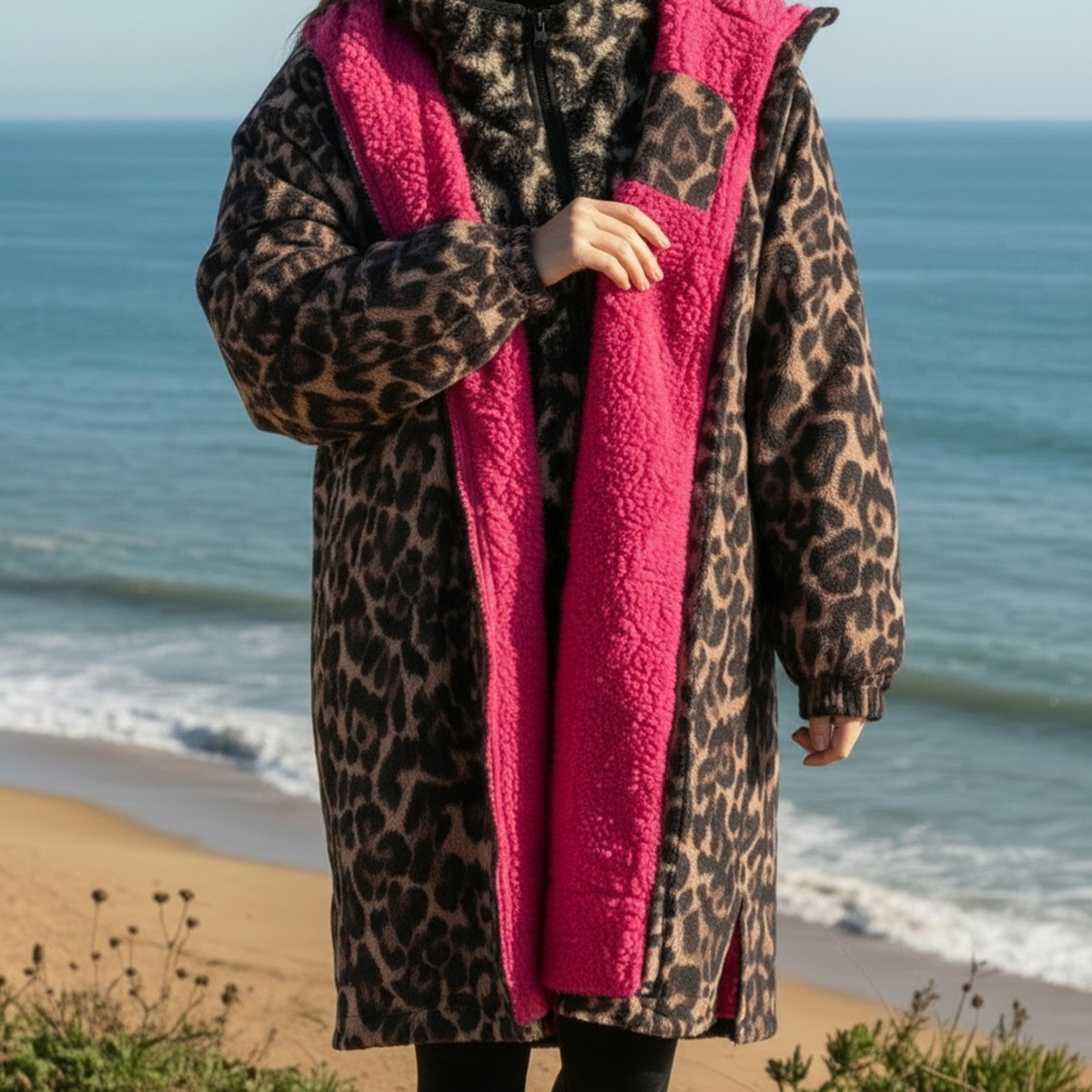 OHS Adults Water Resistant Leopard Print Sherpa Drying Robe, Natural/Pink - Small/Medium>