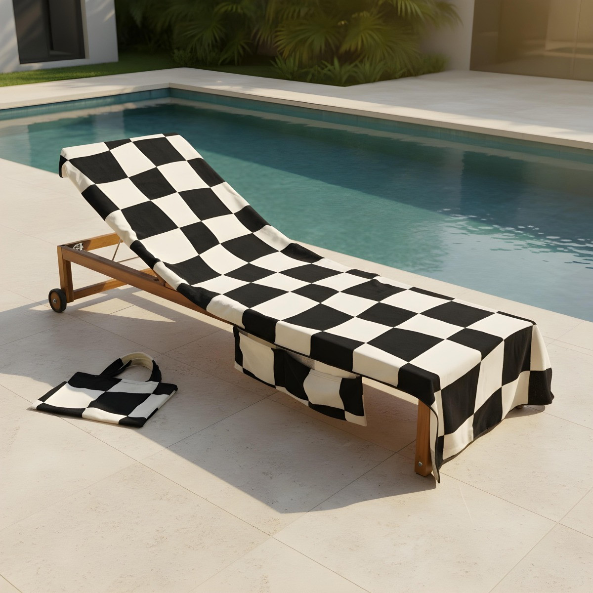 OHS Checkerboard Print Beach Towel in a Bag - Monochrome>