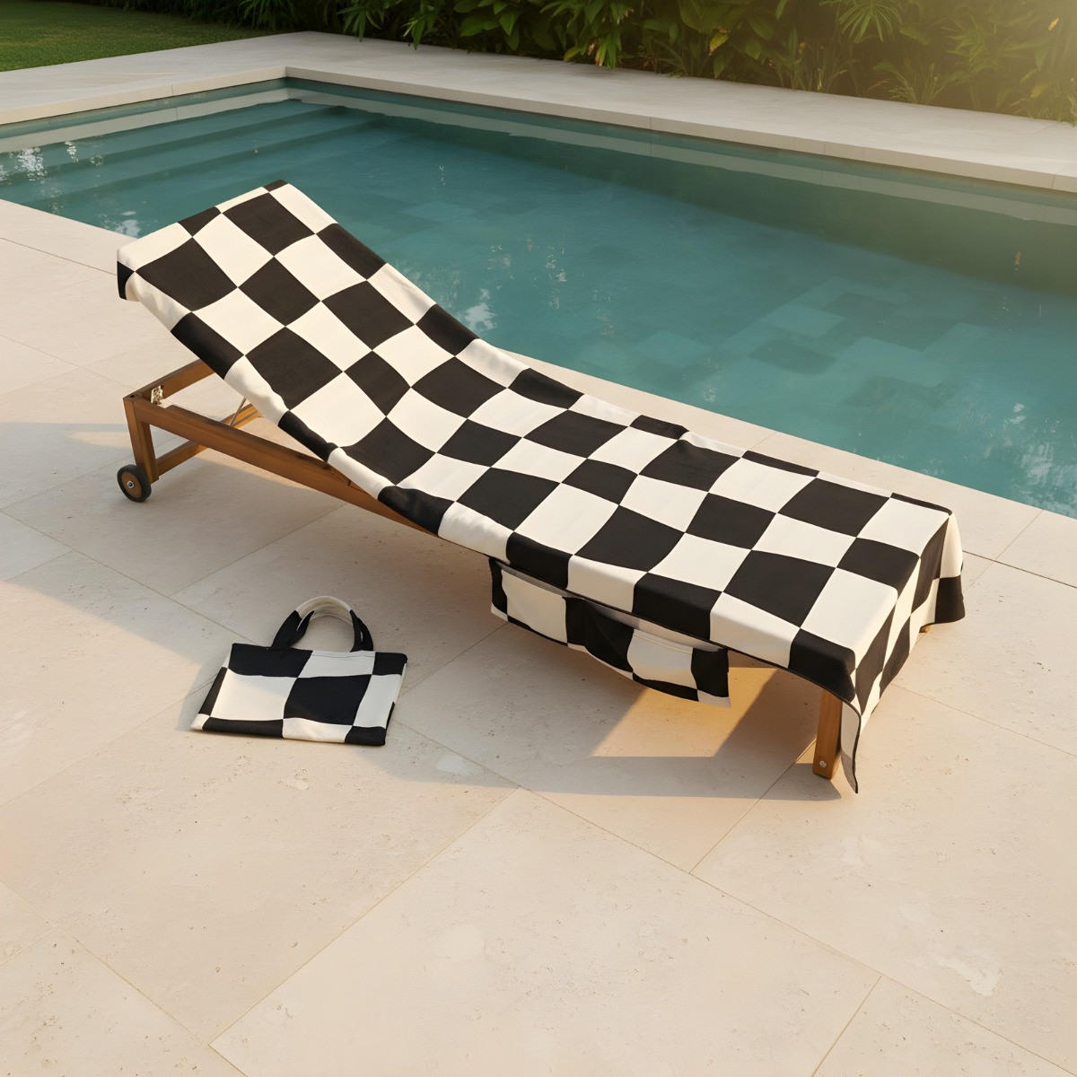 OHS Checkerboard Print Beach Towel in a Bag - Monochrome>