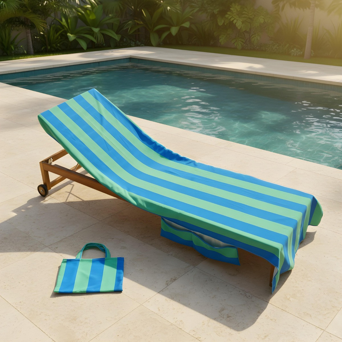 OHS Vertical Stripe Beach Towel in a Bag - Blue/Green>