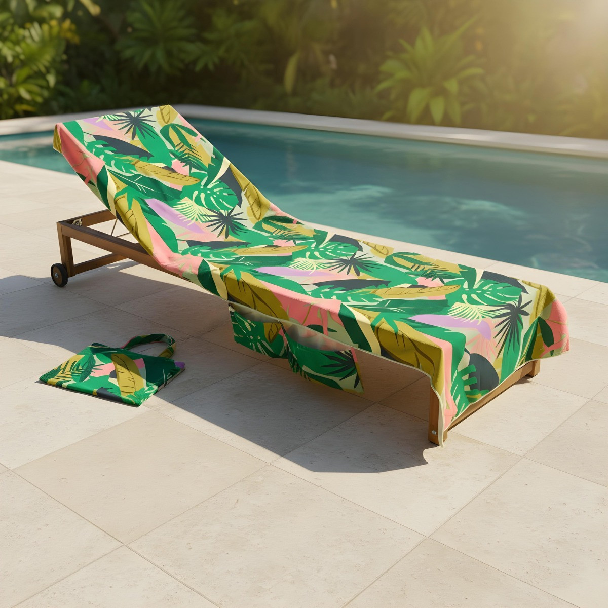 OHS Palm Print Beach Towel in a Bag - Green>