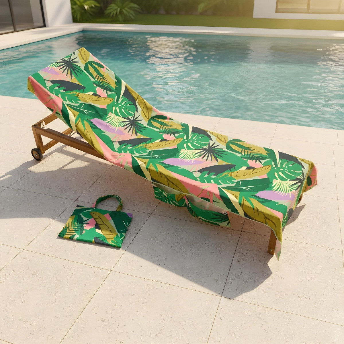 OHS Palm Print Beach Towel in a Bag - Green>