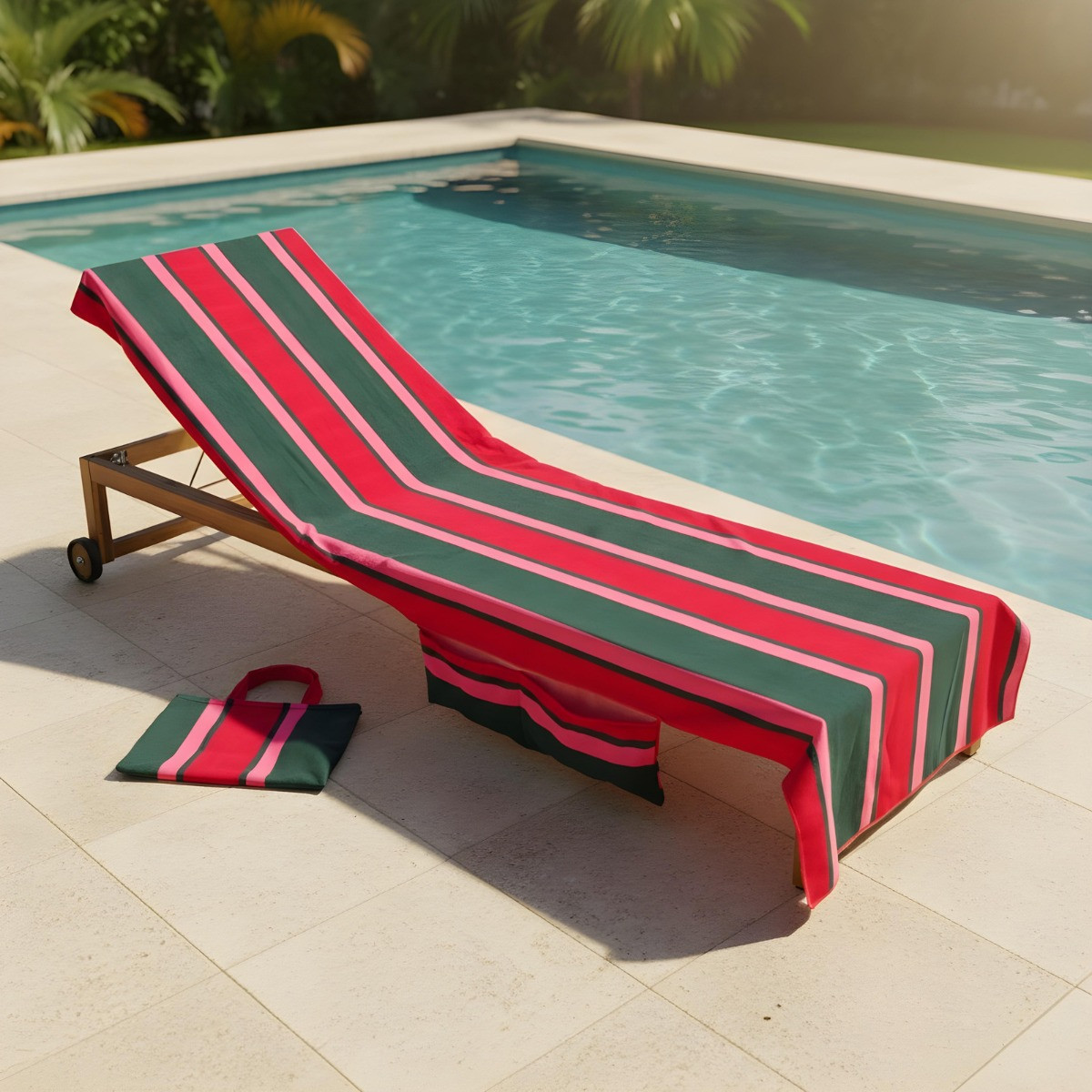 OHS Stripe Beach Towel in a Bag - Green/Red>