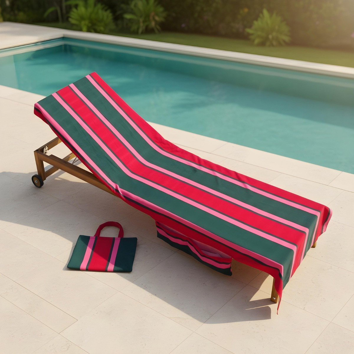 OHS Stripe Beach Towel in a Bag - Green/Red>