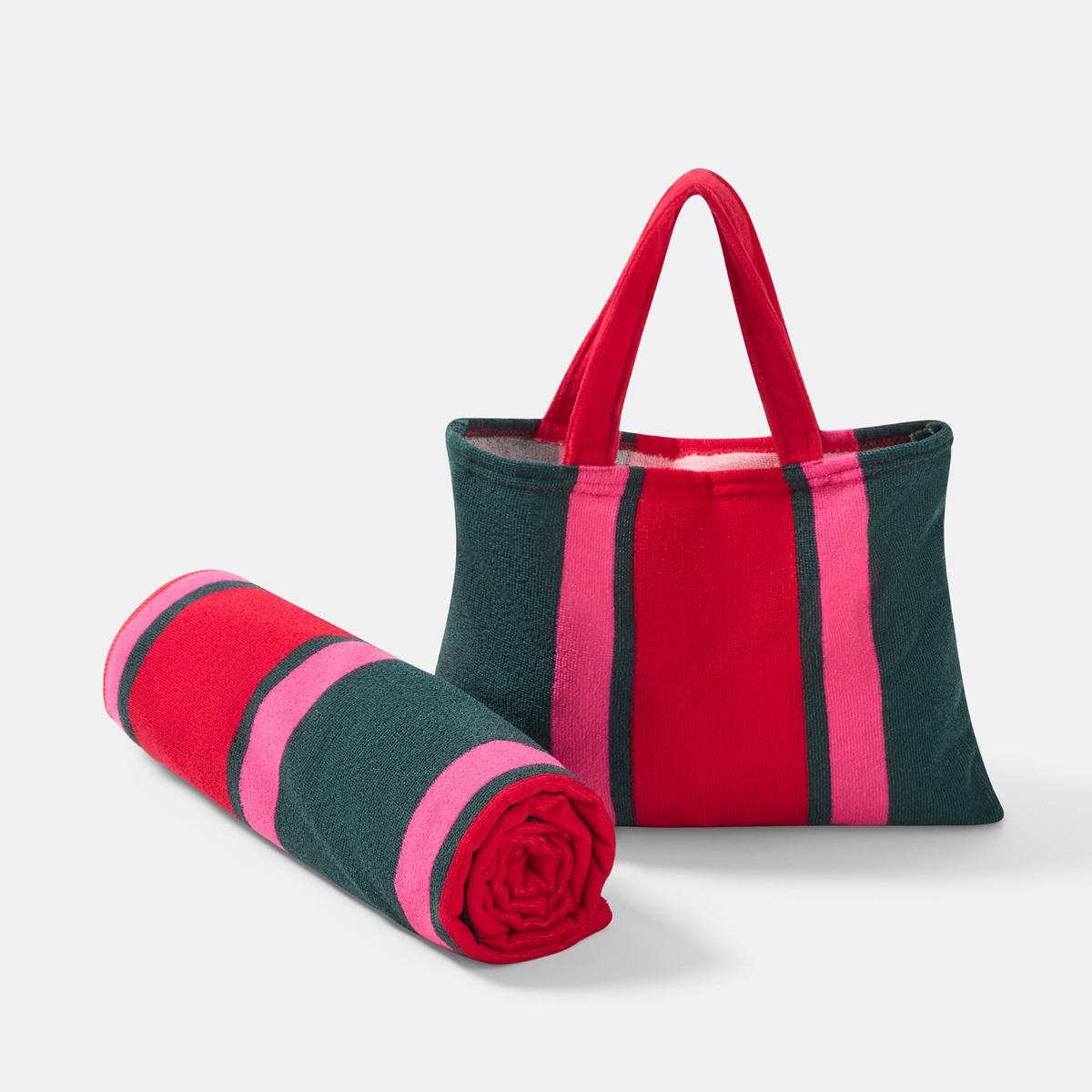 OHS Stripe Beach Towel in a Bag - Green/Red>