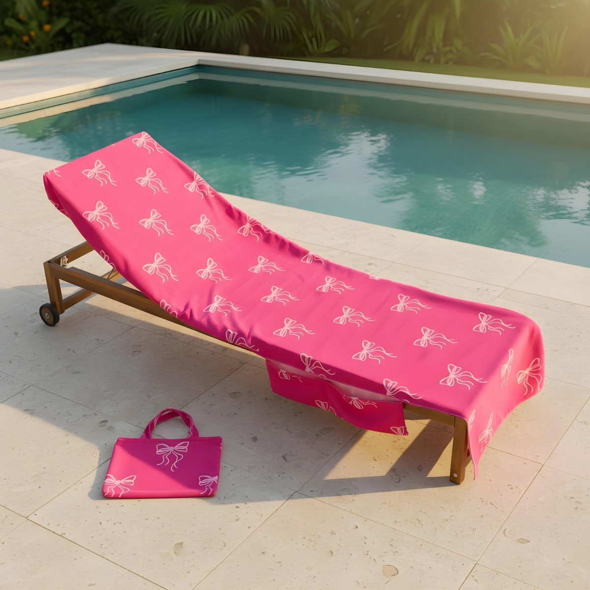 OHS Bow Print Beach Towel in a Bag - Pink>