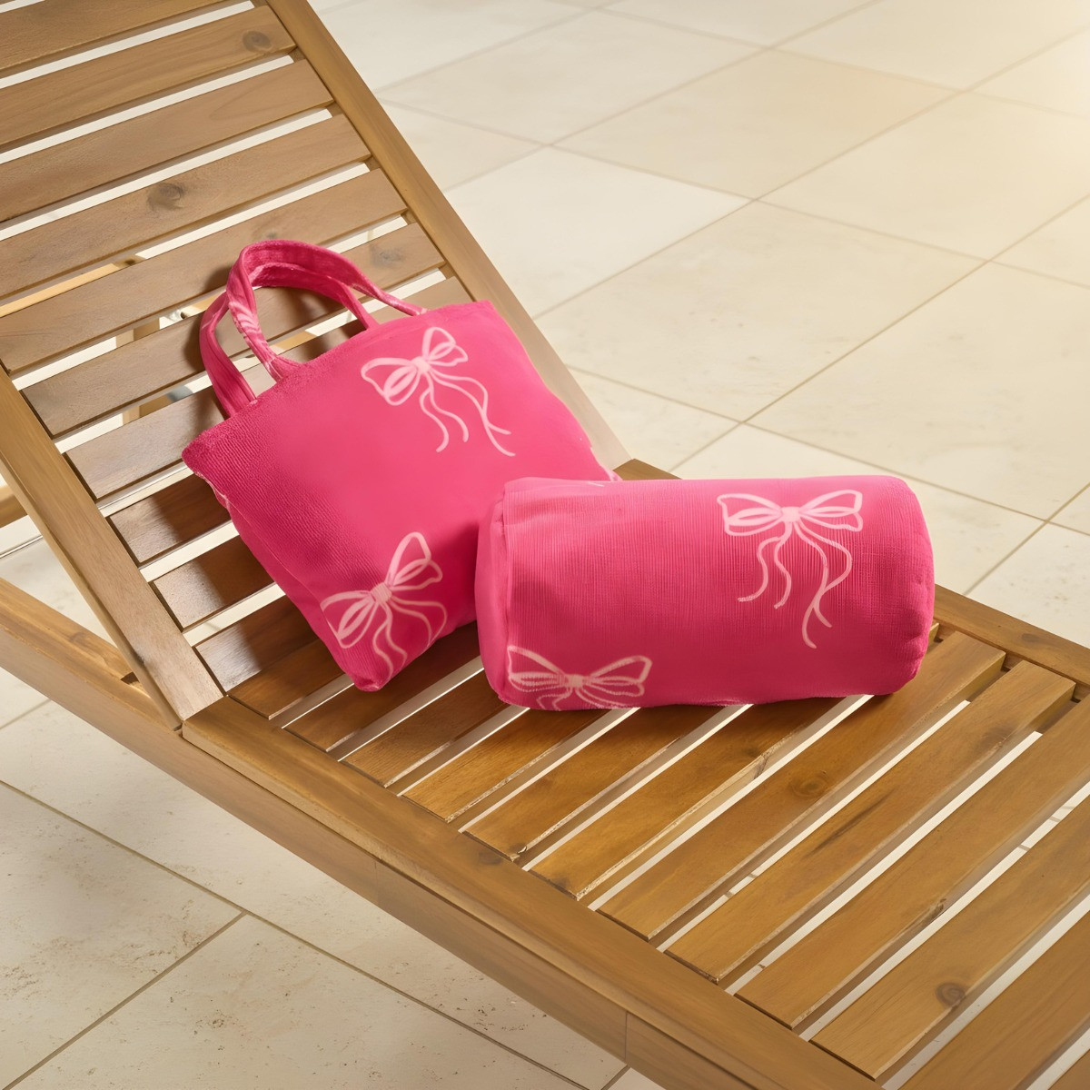 OHS Bow Print Inflatable Beach Bolster Pillow - Hot Pink>