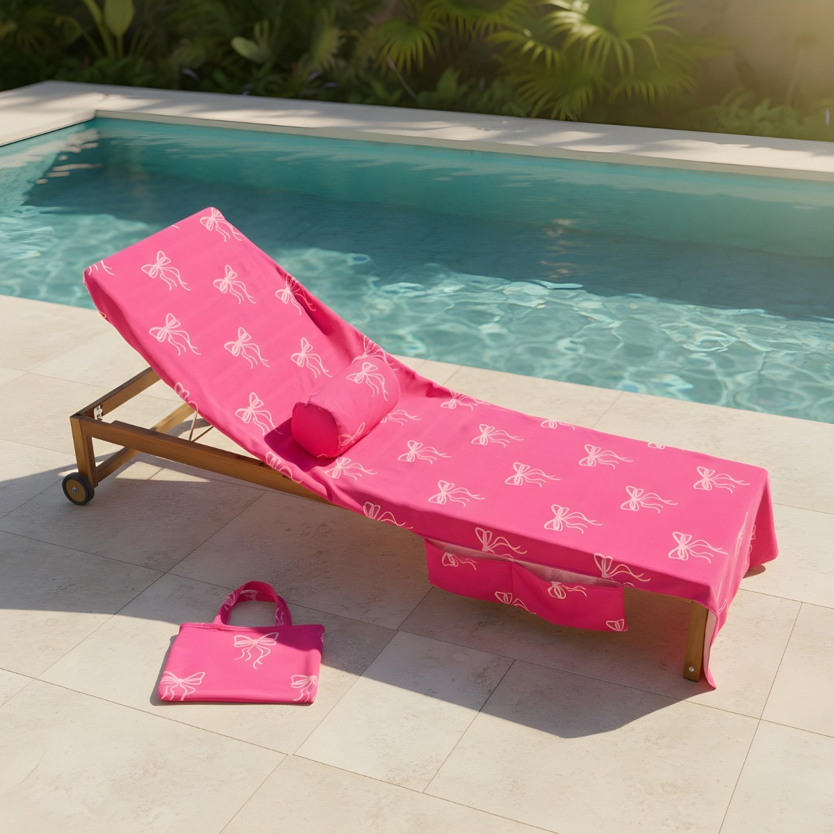 OHS Bow Print Inflatable Beach Bolster Pillow - Hot Pink>