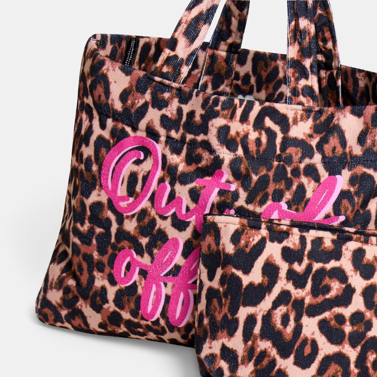 OHS Leopard Print Out Of Office Slogan Beach Bag & Pouch - Natural>