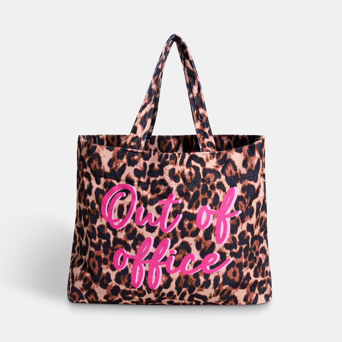 OHS Leopard Print Out Of Office Slogan Beach Bag & Pouch - Natural>