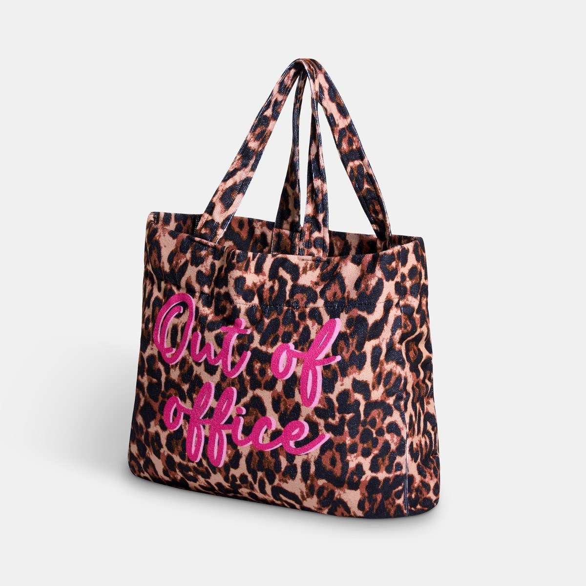 OHS Leopard Print Out Of Office Slogan Beach Bag & Pouch - Natural>