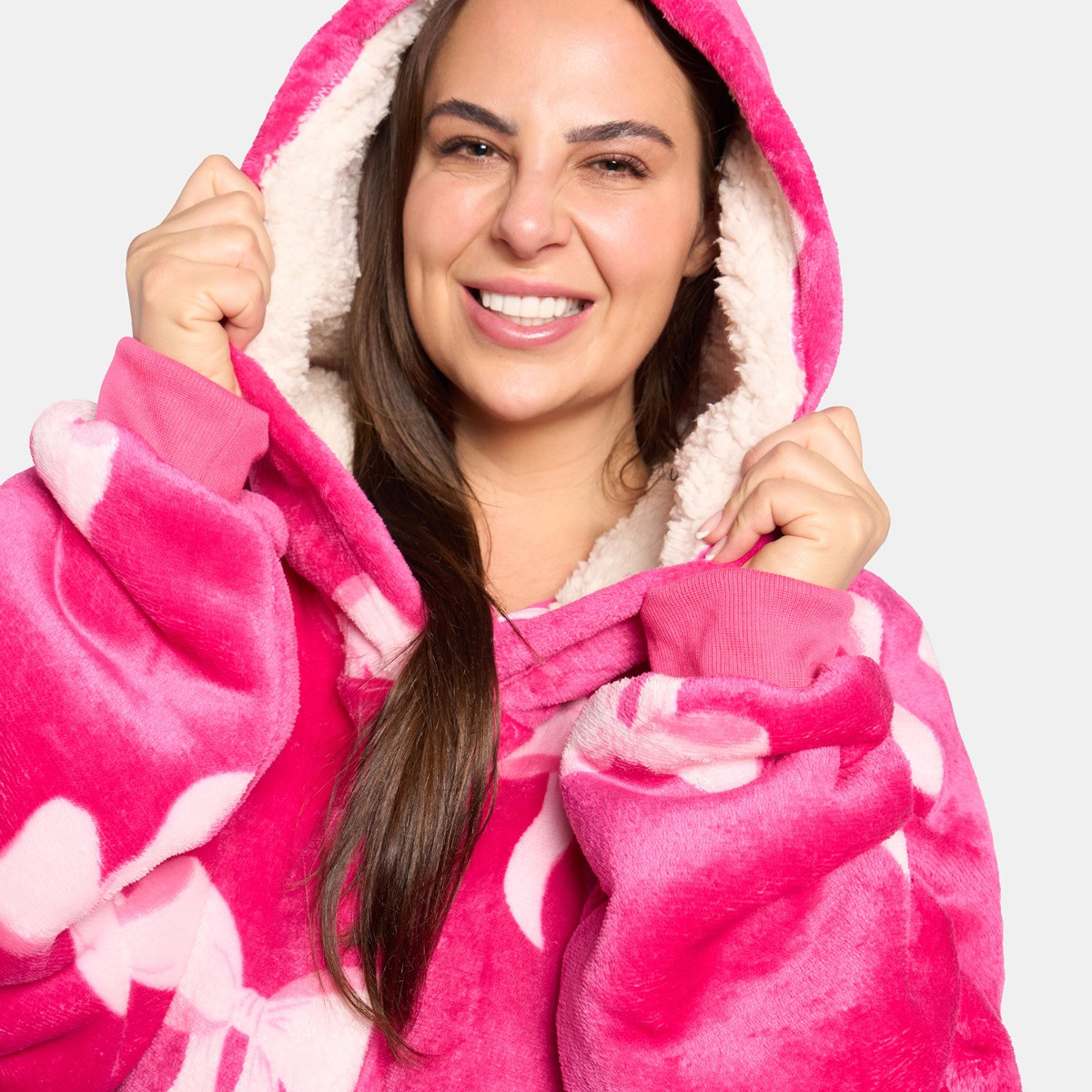 OHS Adults Bow Print Hoodie Blanket - Hot Pink>