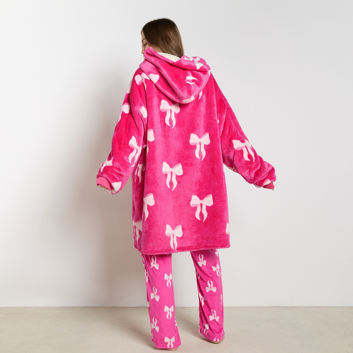 OHS Adults Bow Print Hoodie Blanket - Hot Pink>
