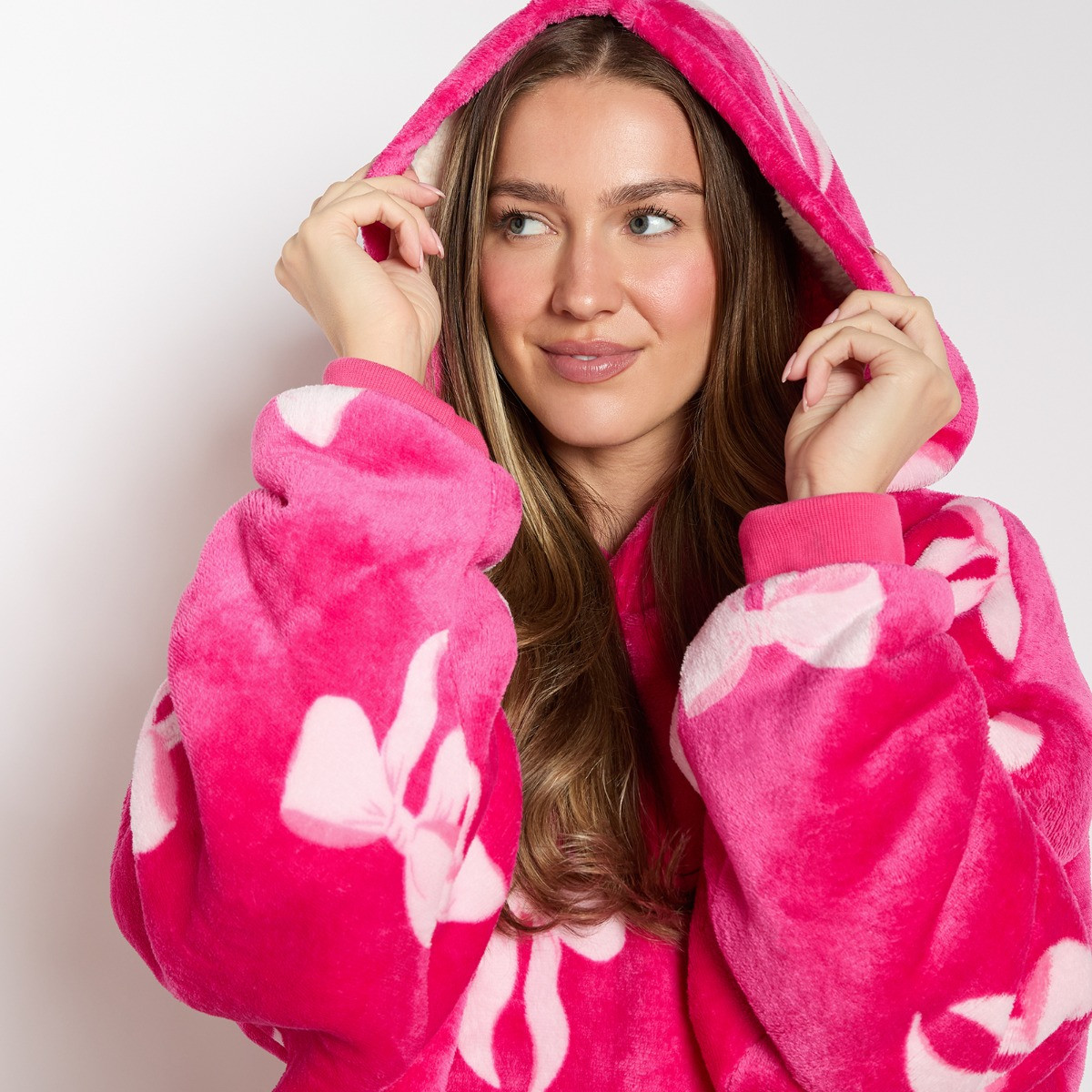 OHS Adults Bow Print Hoodie Blanket - Hot Pink>