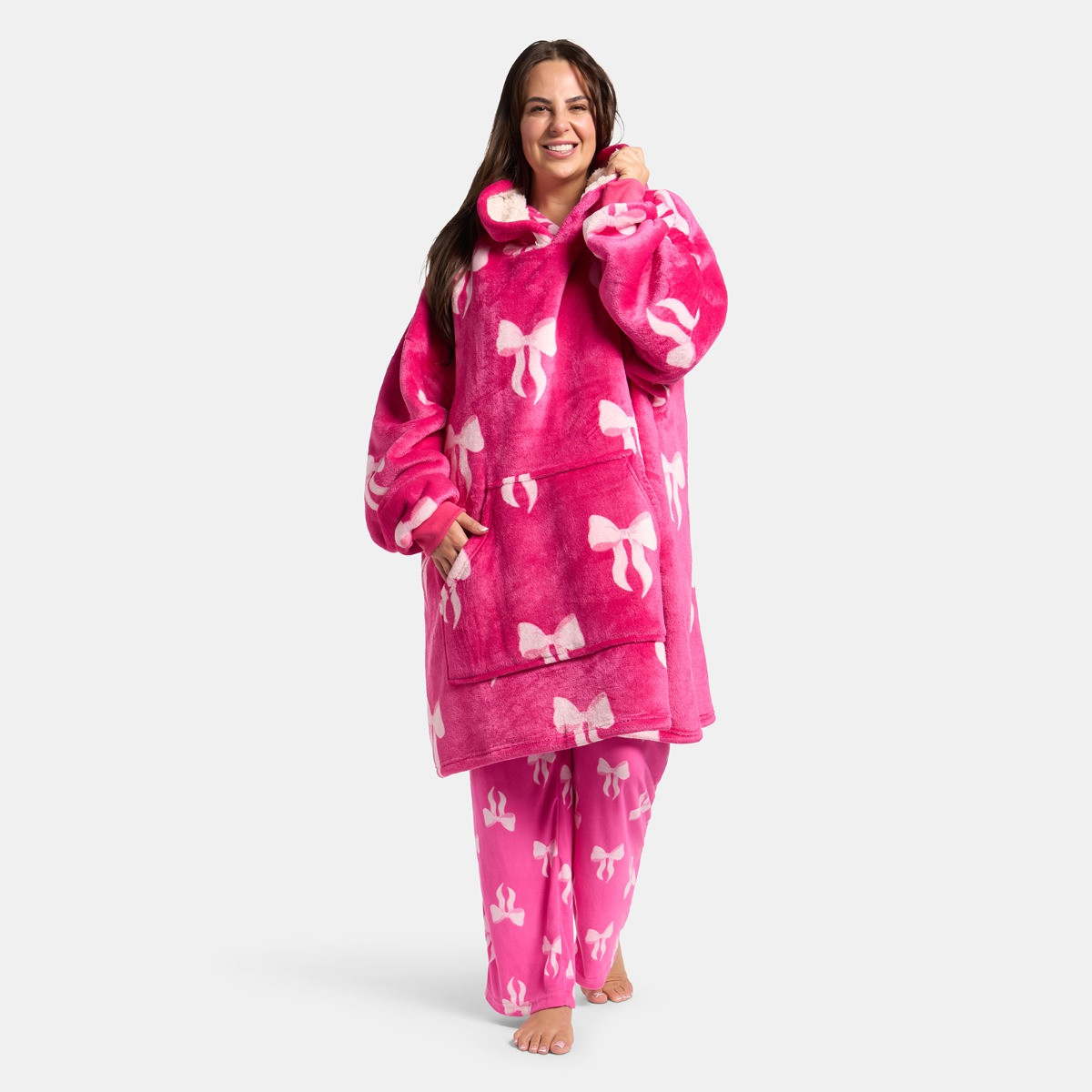 OHS Adults Bow Print Hoodie Blanket - Hot Pink>